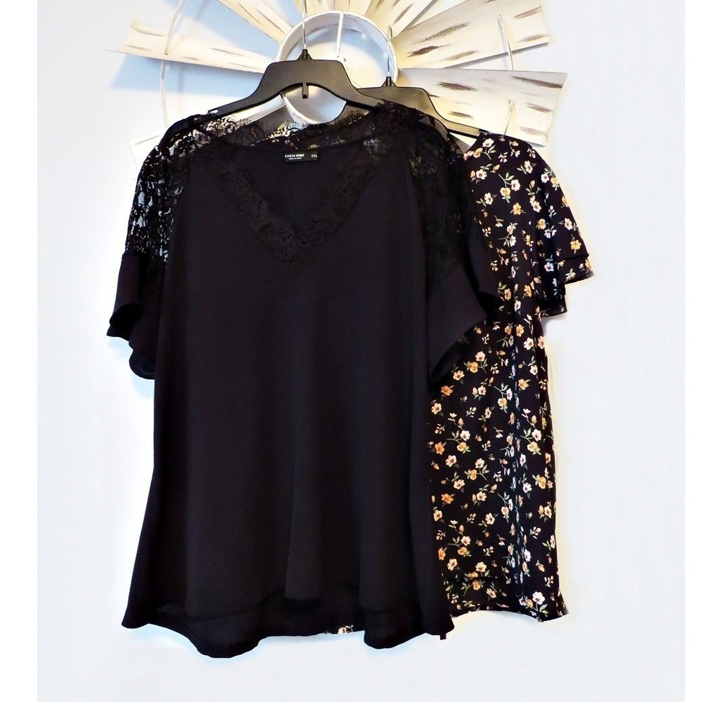 (2) 2X Black Blouses by‎ Shein Curve Pullover W/ Ruffle Sleeve Great Condition